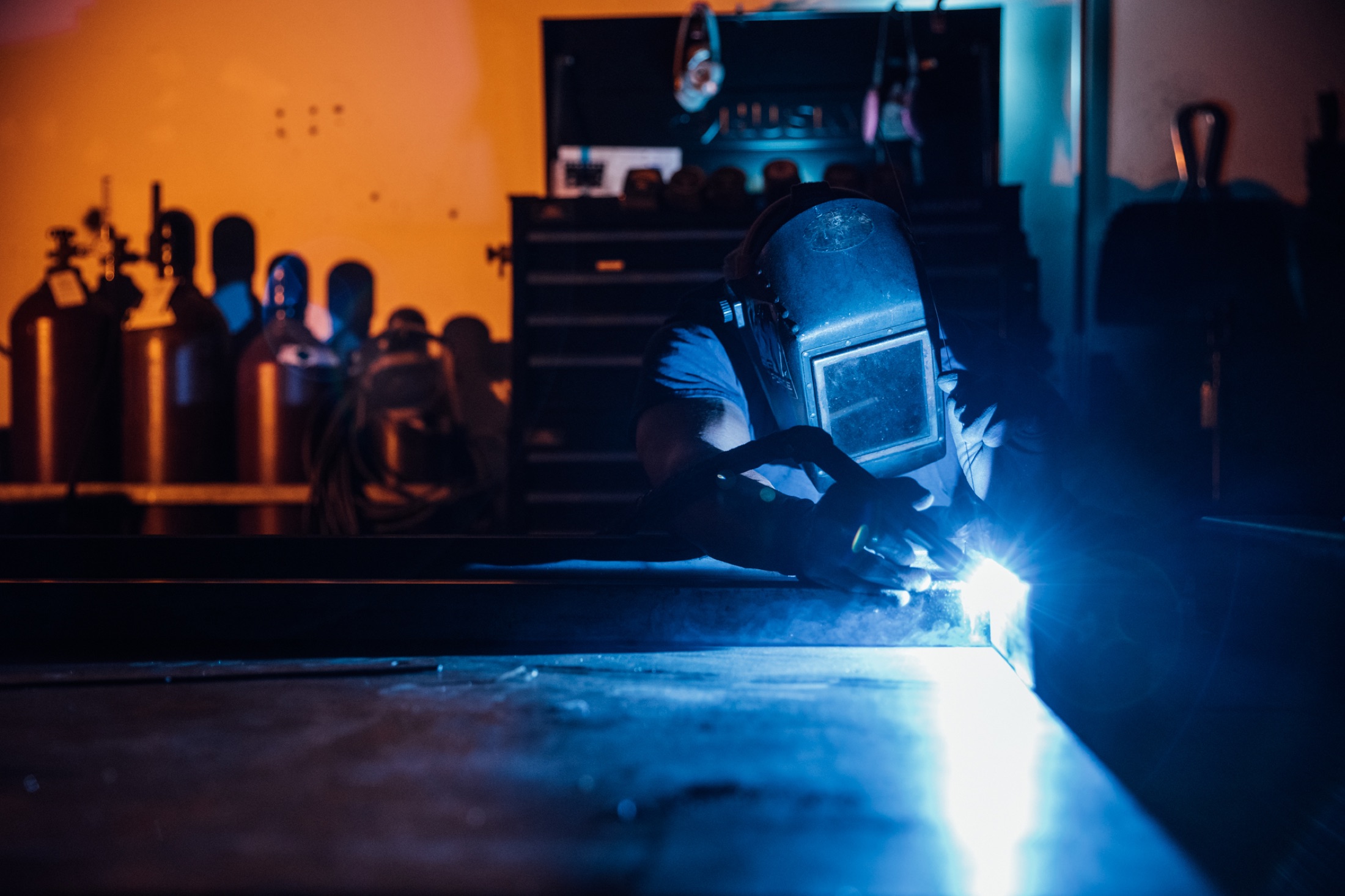Jones welder fabricating a steel assembly in the shop
